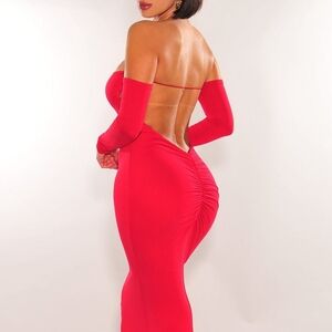 Hot Miami Styles Red Off-Shoulder Long Sleeve Ruched Maxi Dress | Medium